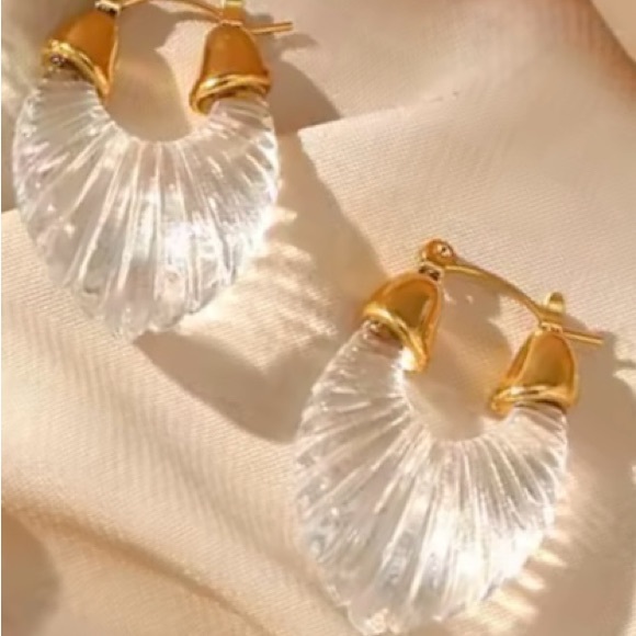 Anthro “Gabi” Sculptural Crystal Clear Scalloped Striated Parabola Frosted Hoops - Picture 5 of 14